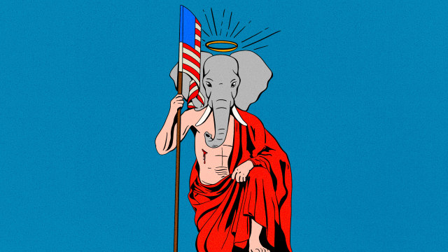 Illustration of Jesus holding an American flag with an elephant head