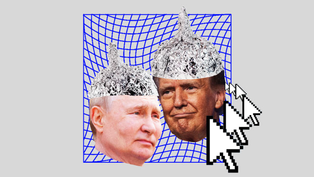 Donald Trump and Vladimir Putin in foil conspiracy hats.