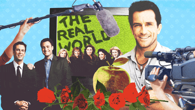 Photo illustrative gif of a tv with Real Housewives of New York, The Bachelor, and Survivor