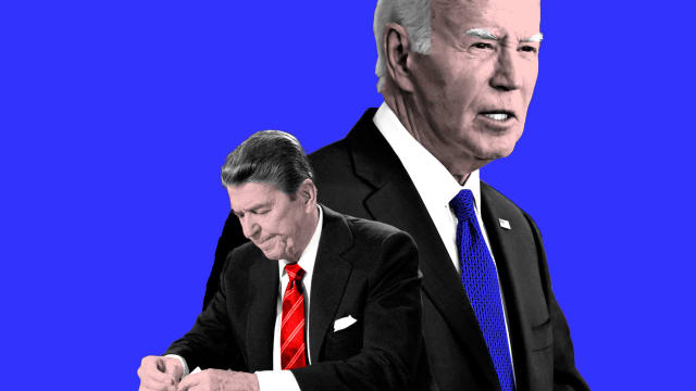 A photo illustration of Ronald Reagan and Joe Biden