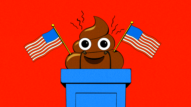 Illustrative gif of poop at a podium with American flags