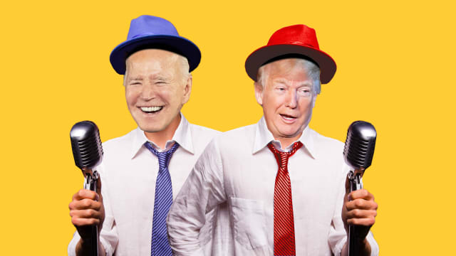 A photo illustration of Donald Trump and Joe Biden as stand up comedians