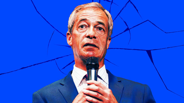 Illustration of Nigel Farage on a broken blue background