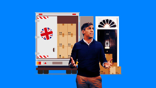 A photo illustration of Prime Minister of the United Kingdom Rishi Sunak, a moving truck and the door of 10 Downing Street.