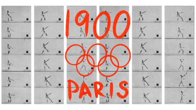 Photo illustration of a shot putter with Paris Olympics 1900