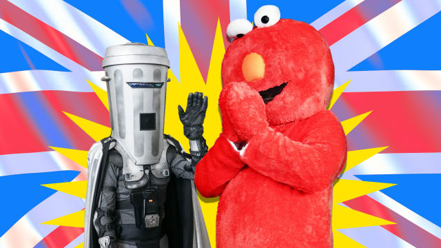 A photo illustration of British satirical candidates Count Binface and Elmo.