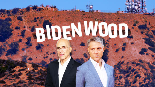 A photo illustration of Hollywood, Bidenwood sign, Jeffrey Katzenberg, and Ari Emanuel.