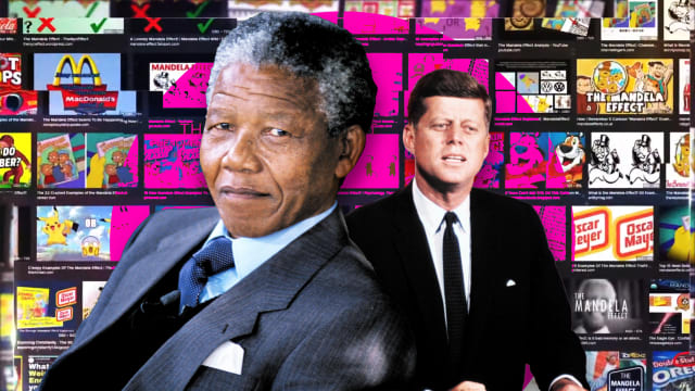 A photo illustration of The Mandela Effect, Nelson Mandela, and JFK.