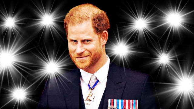A photo illustration of Prince Harry and camera flashes.