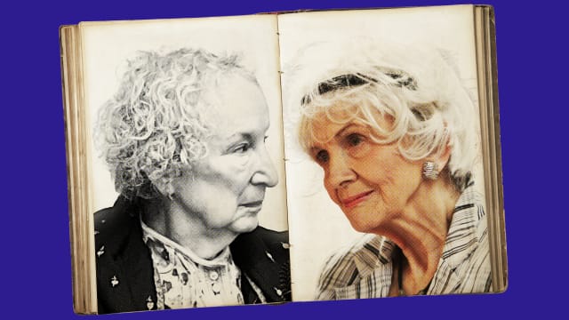 Photo illustration of Margaret Atwood and Alice Munro in a book