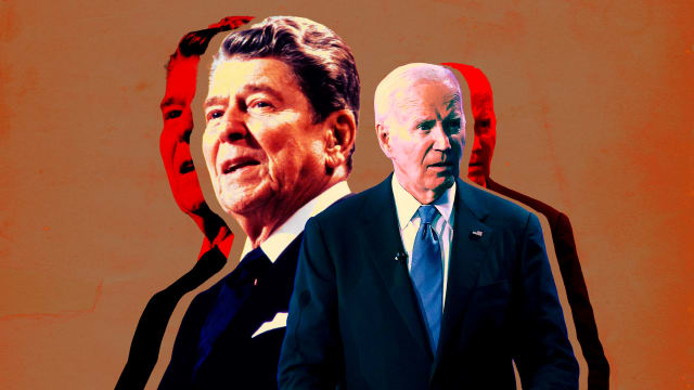 A photo illustration of President Ronald Reagan and President Joe Biden.