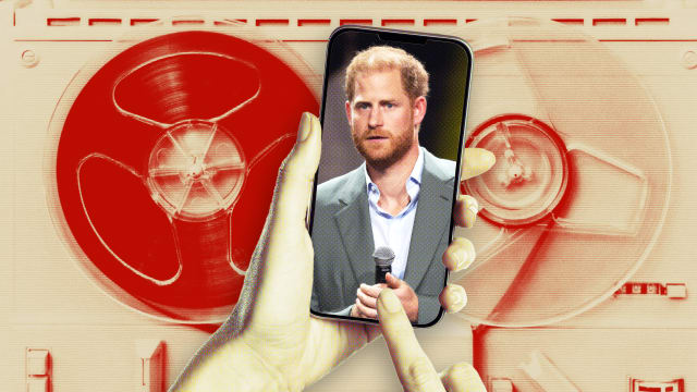 Photo illustration of Prince Harry in a cell phone on a background of a recording device