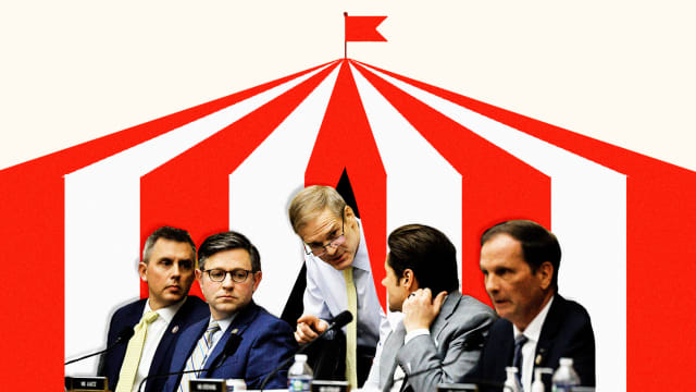 House Judiciary Committee Chairman Jim Jordan (R-OH) (C) talks with fellow Weaponization of the Federal Government Subcommittee (L-R) Rep. Kelly Armstrong (R-ND), Rep. Mike Johnson (R-LA), Rep. Matt Gaetz (R-FL) and Rep. Chris Stewart (R-UT).