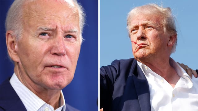 Photo side-by-side of Joe Biden and Donald Trump after Trump was shot during a rally in Pennsylvania