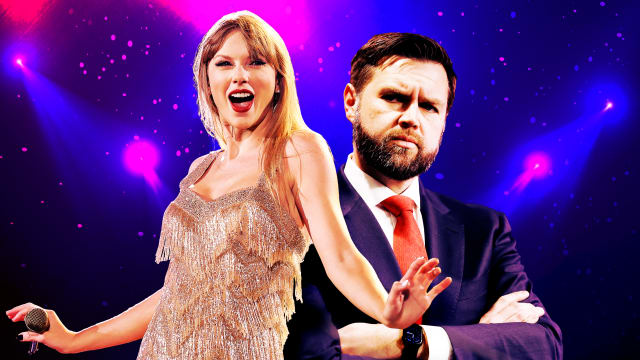 A photo illustration of Taylor Swift and JD Vance.