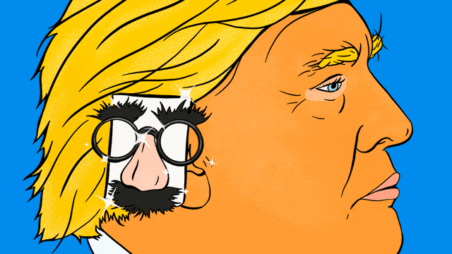 Illustration of Donald Trump with an ear bandage and Marx brothers glasses and nose