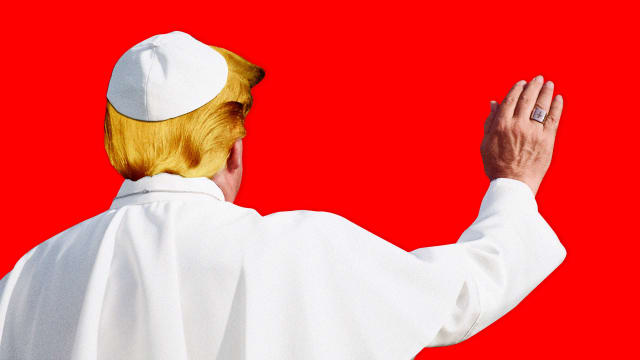 Donald Trump wearing the papal ordinary dress and waving