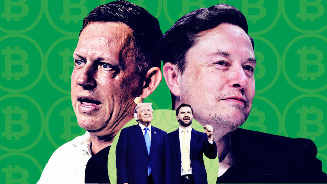 Photo illustration of Elon Musk, Peter Thiel  with Donald Trump and J.D. Vance in the foreground 