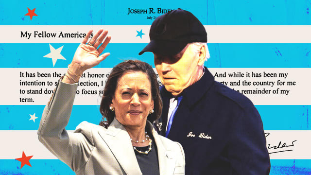 Photo illustration of Kamala Harris and Joe Biden on top of his resignation from the ticket letter