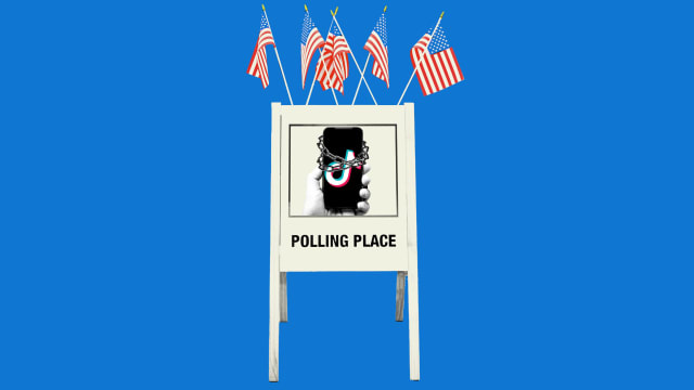 An illustration of a polling place sign with American flags and a TikTok app.