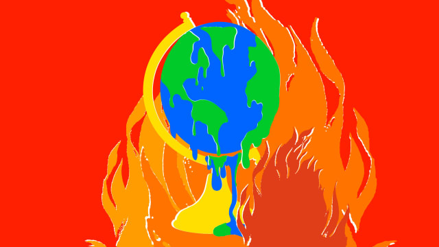 Melting globe with flames around it