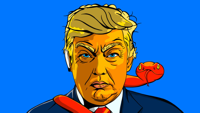 Illustration of a mean looking Donald Trump with a red snake around him
