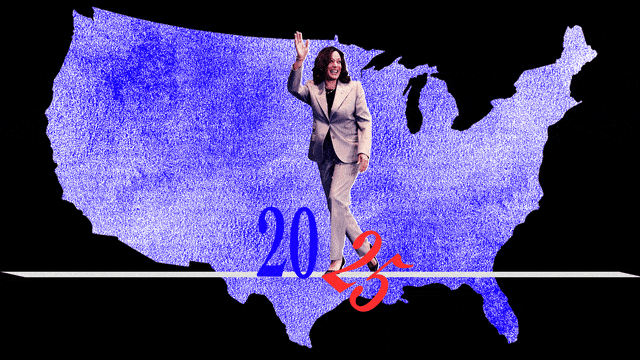 Kamala Harris walking and tipping over the 2025 in Project 2025.