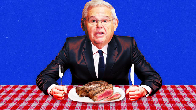 A photo illustration of Sen. Bob Menendez eating a steak.