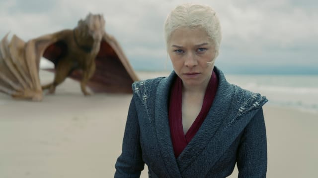 A photo of Emma D'Arcy and a dragon in 'House of the Dragon'