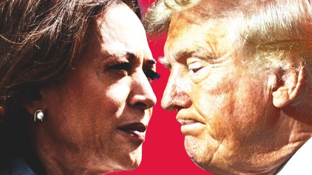 Donald Trump and Kamala Harris on a pink background