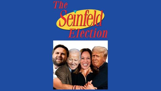 seinfeld poster with donald trump, joe biden, kamala harris, and jd vance