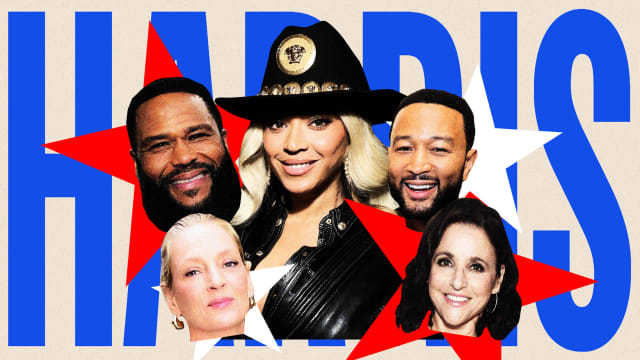 Beyonce Knowles, John Legend, Julia Louis-Dreyfus, Uma Thurman and Anthony Anderson in front of Harris logo.