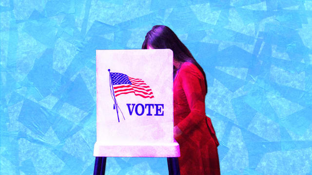 A photo illustration of a woman at a voting booth.