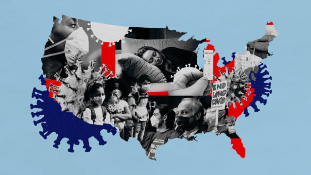 A map of the USA with images of covid long patients, covid masks, covid viruses and rapid tests.