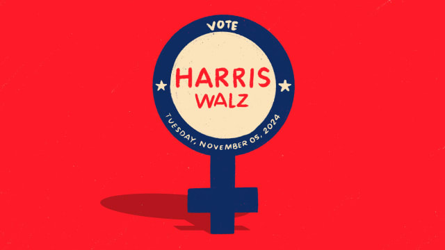 Illustration of a woman symbol with the circle at top a voting pin for Kamala Harris and Tim Walz