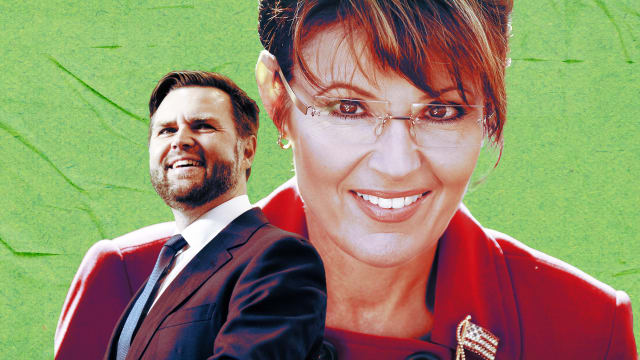 A photo illustration of JD Vance and Sarah Palin.