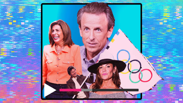 Tom Cruise at the Olympics, Seth Meyers, Luann de Lesseps, and Hoda Kotb in a video player illustration.