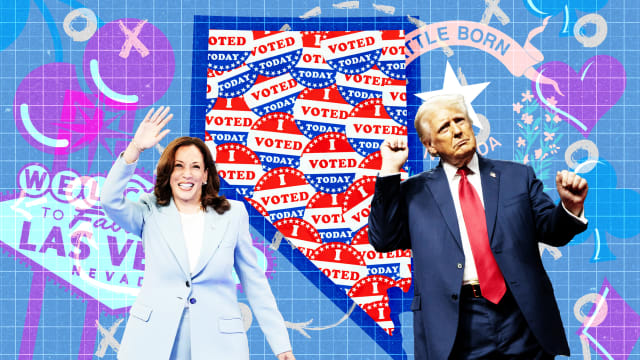 A photo illustration of Kamala Harris, Donald Trump, and a map of Nevada.