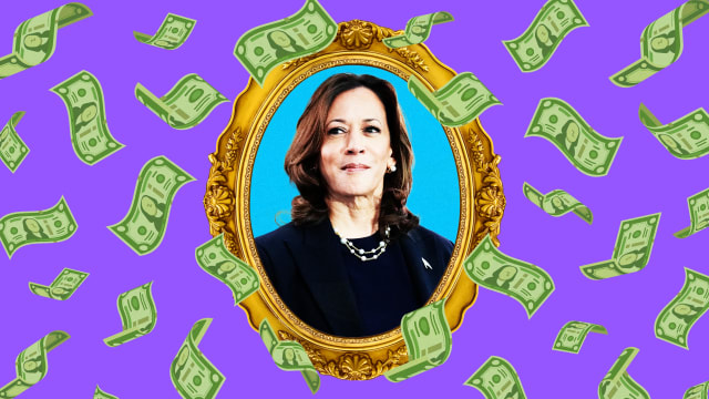 A photo illustration of Kamala Harris with money falling.