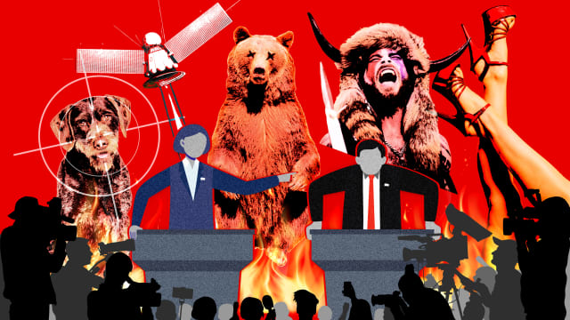 A photo illustration of political candidates with dog, bear, Qanon shaman, exotic dancer and fire.