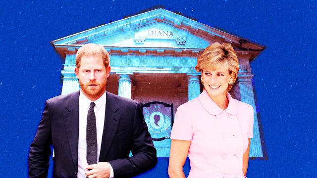 A photo illustration of Prince Harry, Princess Diana, and her tomb.