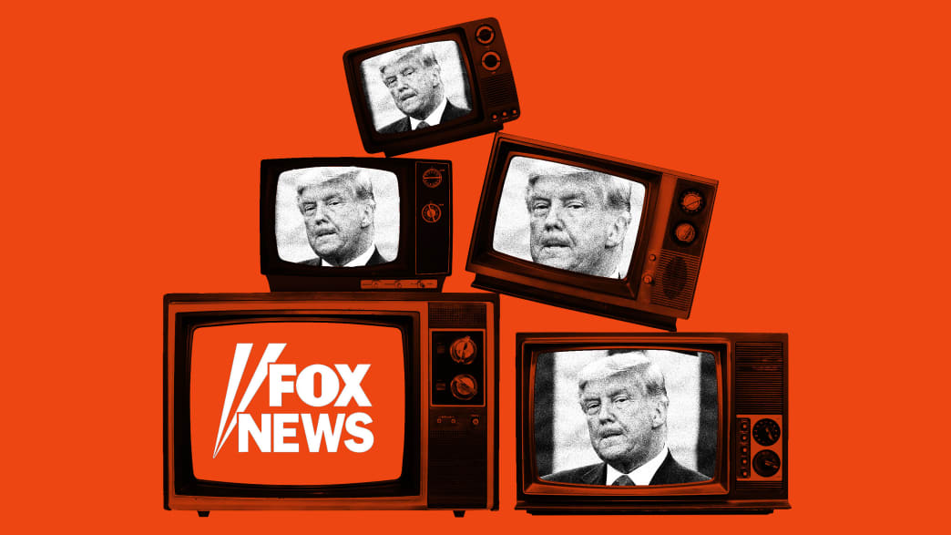 A photo illustration of TVs with images of Donald Trump and the Fox News logo.