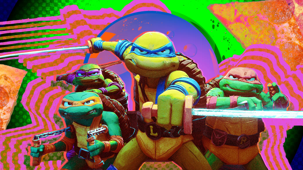 A photo illustration of a production still from Teenage Mutant Ninja Turtles: Mutant Mayhem.