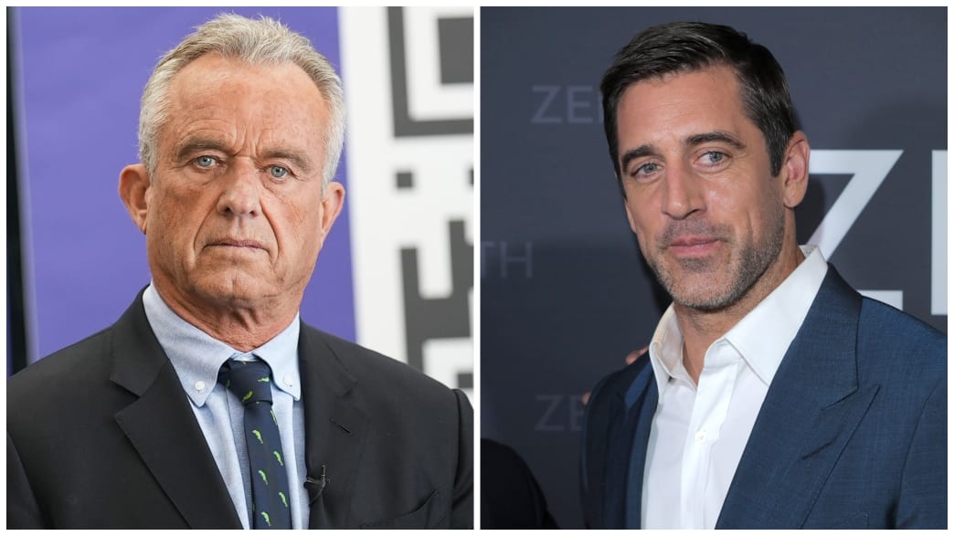 Photos of Robert F. Kennedy Jr. and NFL quarterback Aaron Rodgers.