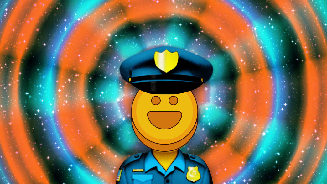 An illustration including a photo of a police officer on MDMA