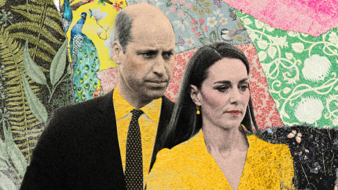 Photo illustration of Kate Middleton and Prince William on various pattern backgrounds