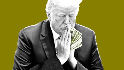 A photo illustration of Donald Trump praying with money between his hands. 