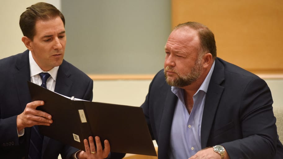 Plaintiff’s attorney Chris Mattei questions Infowars founder Alex Jones as he testifies during his Sandy Hook defamation damages trial at Connecticut Superior Court in Waterbury, Connecticut, Sept. 22, 2022.