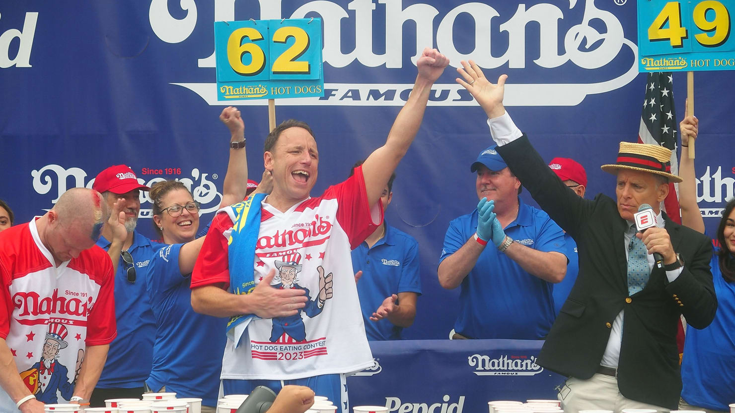 Joey Chestnut Wins Nathan’s Famous Hot Dog Eating Contest After Rain Delay