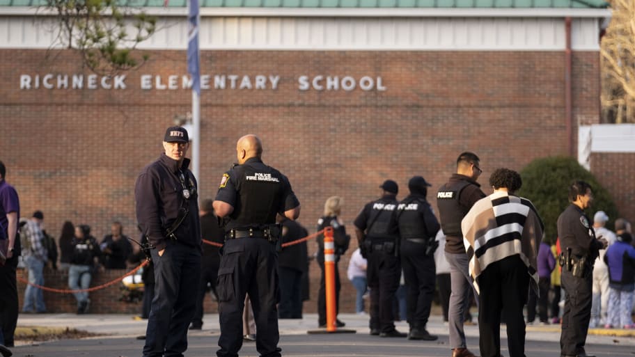 Police respond to a shooting that injured a teacher at Richneck Elementary in Newport News, Virginia, on Jan. 6, 2023.